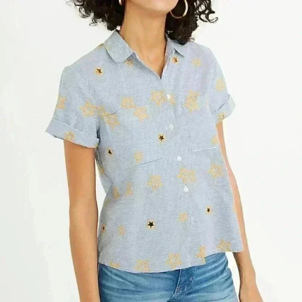 MadeWell Star Embroidered Blouse size xs blue stripped w yellow ⭐️
